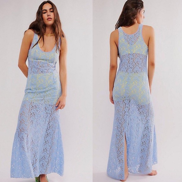 Free People Dresses & Skirts - FREE PEOPLE Feeling For Lace Blue Maxi Slip Dress NEW